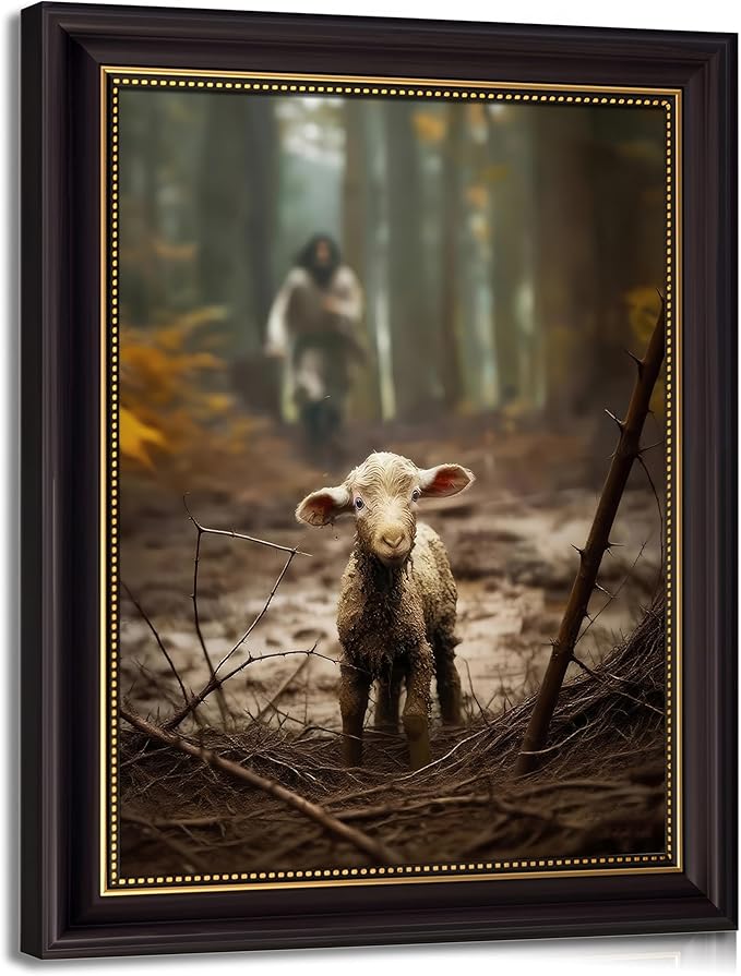Framed Jesus and Lamb Wall Art Jesus Running After Lost Sheep Picture Wall Decor Christianity Lambs of God Home Decoration Inspirational Christian Poster Prints for Office Bedroom Livingroom 12x16in