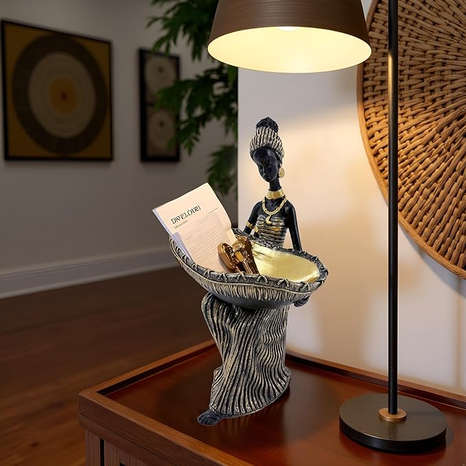 African Woman Statue with Large Decorative Bowl – Resin Figurine, Black and Gold Cultural Sculpture, African Home Decor Centerpiece, Jewelry Trinket Candy Dish