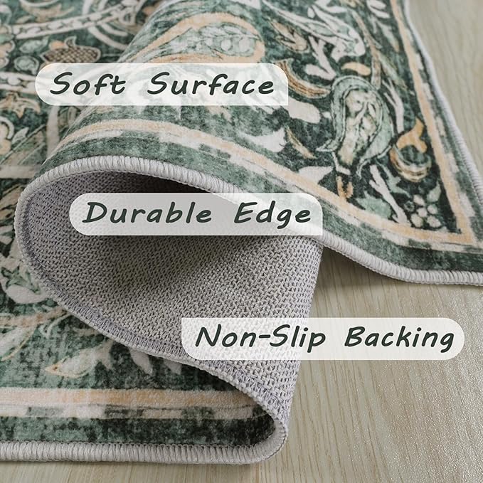 Fortsea Large 8x10 Dark Green Area Rug, Low Pile Washable Non-Slip Carpet, Vintage Design for Spacious Living Room（8x10 Dark Green）