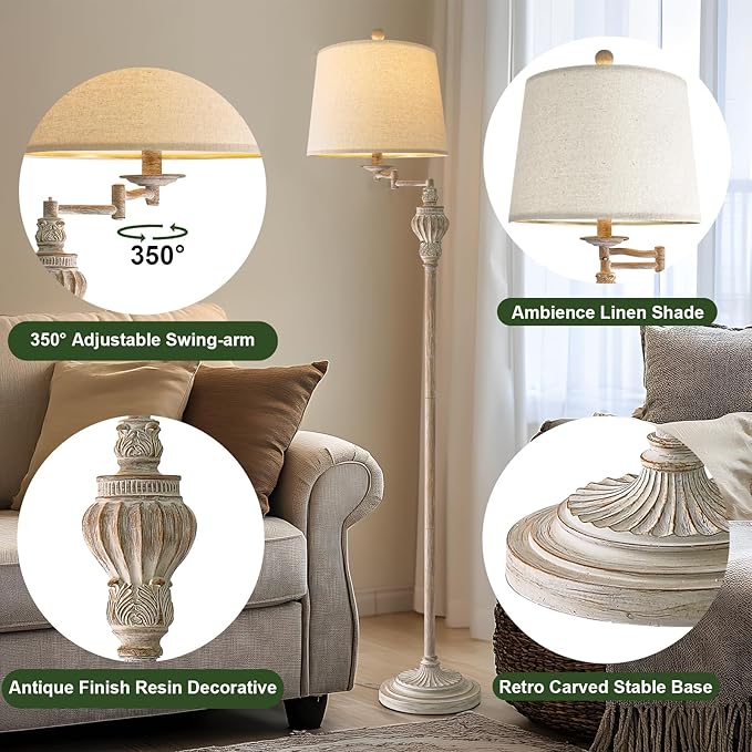 G-SAFAVA 61" Vintage Floor Lamp with 350° Adjustable Swing Arm, Tall lamp Standing Lamp for Bedroom Living Room Bedside Nightstand Retro Farmhouse Mid Century Lamp Light Home Décor Office Gifts