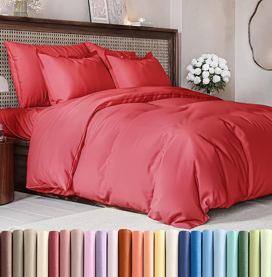 CGK Unlimited Duvet Cover Cal King Size Set - Extra Soft Cal King Size Duvet Cover 104 x 98 with 2 Pillow Shams - Hotel Quality w/Zipper Closures & Ties - Bedding and Bed Linens Set (Red)