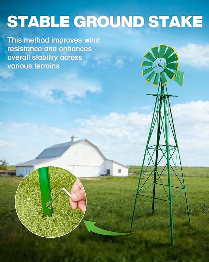 8FT Windmill for Yard Garden Decoration with Weather Vanes，Heavy Duty Outdoor Wind Mills, Large Metal Outdoor Windmill, Weather Resistant,Green