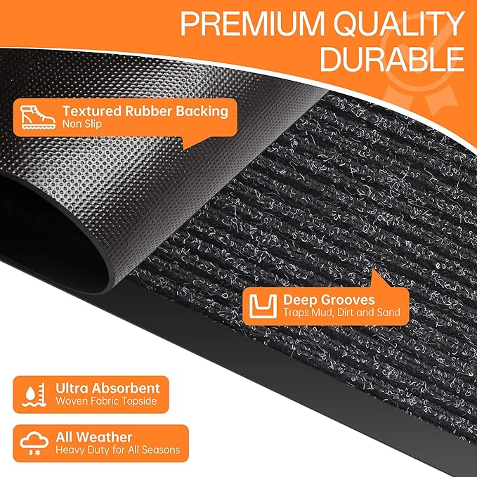 Indoor Outdoor Door Mat, 4' x 3' Doormat for Entryway, Rubber Backing Non Slip Front Door Mat Outside Entrance, Super Absorbent Commercial Floor Mat for Home Office, Black