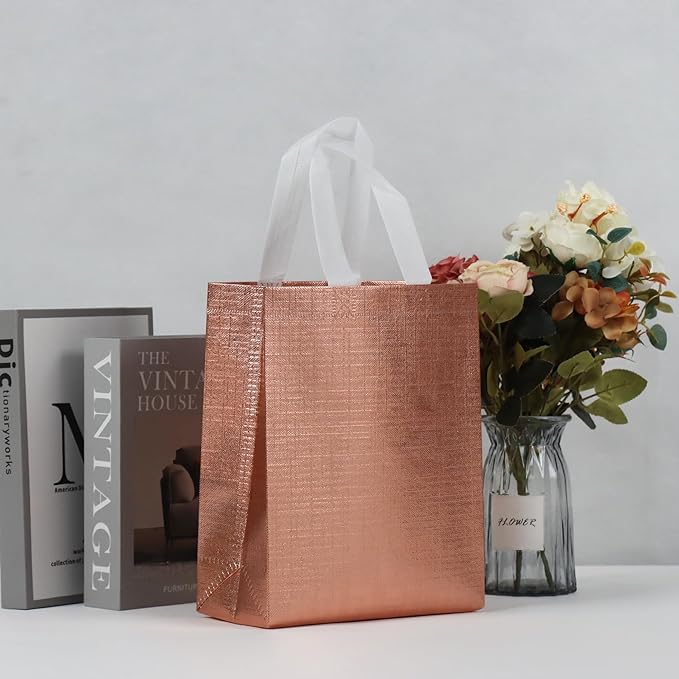16 Pcs Metallic Bling Small Gift Bags Bulk with Cardboard Bases, 10.2x3.9x8.3 In Glossy Rose Gold Reusable Party Favor Bags for Birthday, Wedding, Christmas, Partie