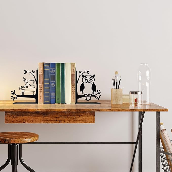 Owl and Books Metal Bookends Cute Owl Book Ends for Shelves Bookshelf Decorative Objects Home Office Desk Gift for Owl Lover（Black）