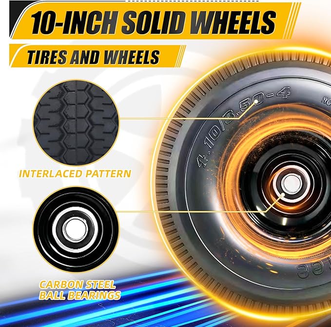 MZREXN 10 Inch Solid Tires 4.10/3.50-4 Flat Free Tire and Wheel Replacement, with 5/8" Axle Bore Hole, 2"-2.2" Offset Hub, for Hand Truck Garden Cart Trolleys Yard Trailers Utility Cart, Black, 2PCS