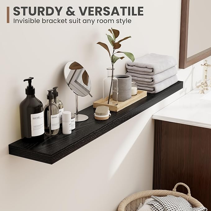 40 Inch Floating Shelves, 8 Inch Deep Floating Shelves for Wall, Hanging Shelf with Invisible Brackets, Deep Shelves for Bathroom, Bedroom, Living Room, Black, Set of 2