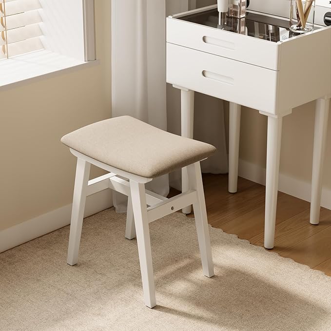 Solid Wood Vanity Stool, Compact Makeup Chair with Saddle Cushion, Linen-Covered High Rebound Sponge Seat, Easy Assembly Footstool for Bedroom, Entryway, Home, White
