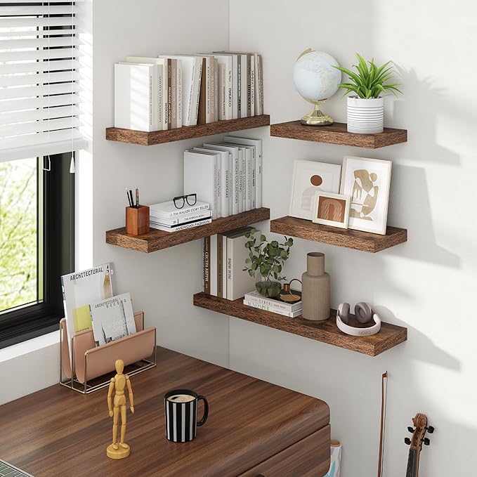 24 Inch Floating Shelves, 8 Inch Deep Floating Shelves for Wall, Hanging Shelf with Invisible Brackets, Deep Shelves for Bathroom, Bedroom, Living Room, Brown, Set of 2