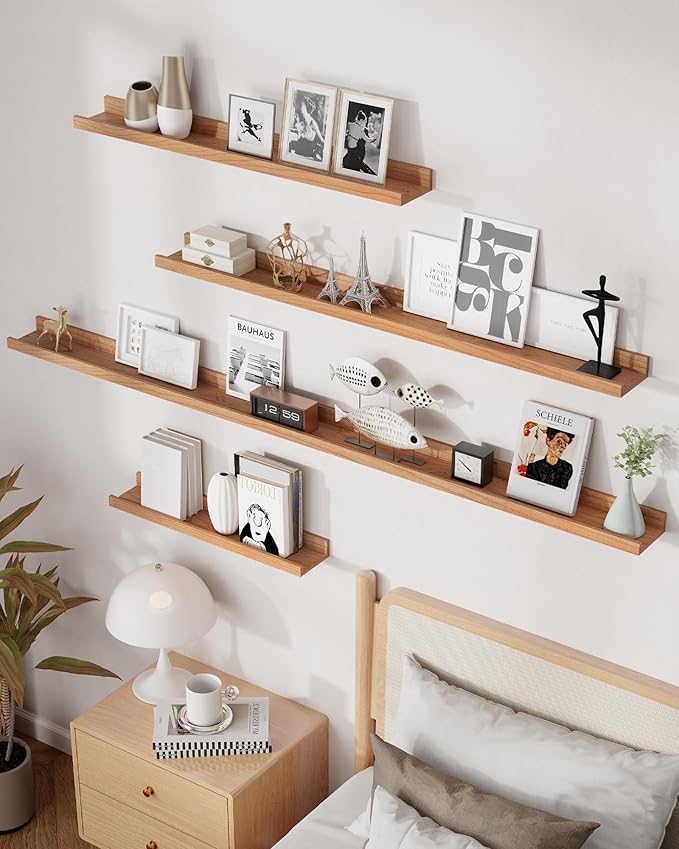 Axeman Cherry Picture Ledge Shelf, 36 Inch Floating Shelves Set of 2, Solid Wood Wall Shelves with Lip, Wall Decor Storage for Bedroom Living Room Bathroom Kitchen Nursery Photo, Natural Cherry