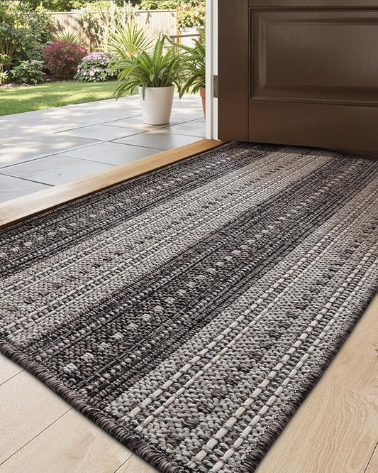 DEXI Dirt Trapper Door Mat, 20x31 Washable Doormat, Dirt Resistant and Absorbent, Easy Clean Low-Profile Floor Rugs for Entryway, Front Door, and Inside Entrance, Striped Grey