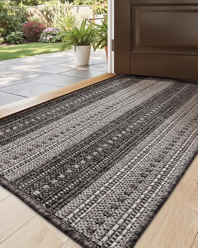 DEXI Dirt Trapper Door Mat, 24x39 Washable Doormat, Dirt Resistant and Absorbent, Easy Clean Low-Profile Floor Rugs for Entryway, Front Door, and Inside Entrance, Striped Grey