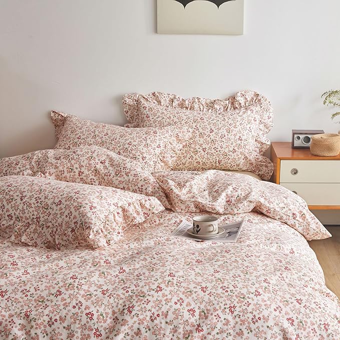 Girls Pink Floral Duvet Cover Full Size Cute Pink Red Flower Duvet Cover 100% Cotton Aesthetic Floral Bedding Set Botanical Flower Cottagecore Comforter Cover with Ruffle Pillowcases for Teen Girls