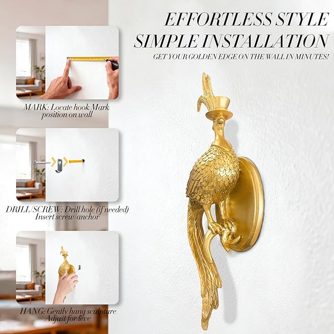 Juedawyal Gold Pheasant Wall Decor, Resin Animal Wall Sculpture, Decorative Animal Wall Art Accent for Living Room, Hallway or Staircase