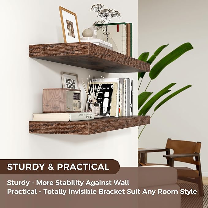 Floating Shelves for Wall, Engineered Wood Wall Shelves with Invisible Brackets for Living Room Bedroom Bathroom Office Kitchen Decor and Storage (Brown, 48" W x 9" D x 1.5" H) Set of 2