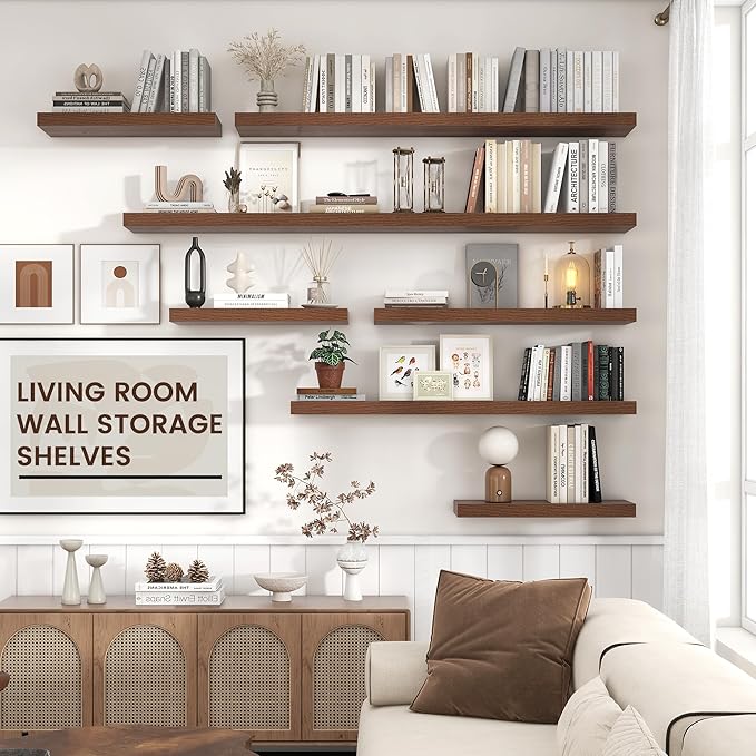 Floating Shelves for Wall, Engineered Wood Wall Shelves with Invisible Brackets for Living Room Bedroom Bathroom Office Kitchen Decor and Storage (Walnut, 24" W x 9" D x 1.5" H) Set of 2