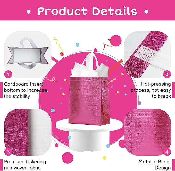 cabzymx 16 Pcs Metallic Bling Small Gift Bags Bulk with Tissue Paper, Glossy Pink Reusable Party Favor Bags for Birthday, Wedding, Christmas, Parties- 10.2x3.9x8.3 In