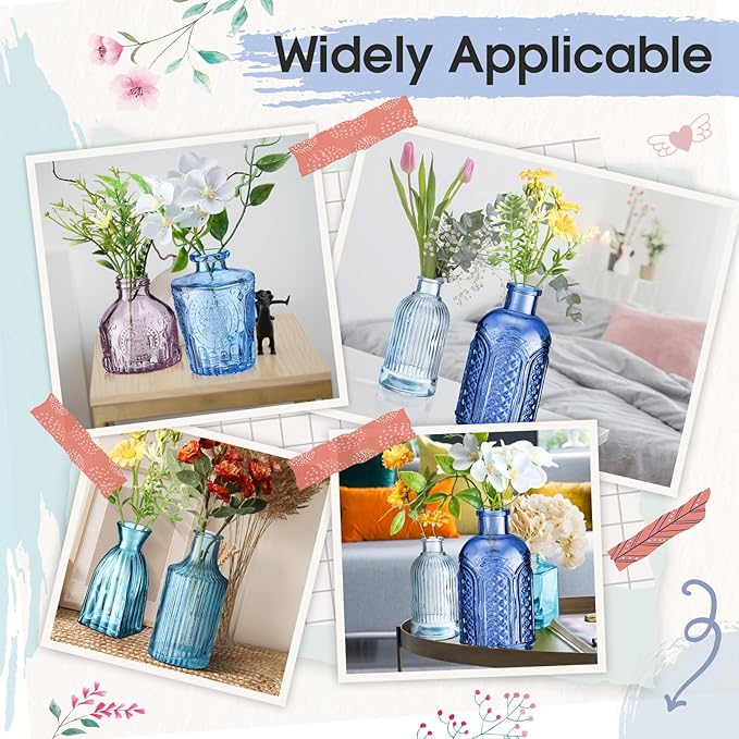 Yaomiao 30 Pcs Vases Bulk Colored Flower Glass Bud Vases Valentine Vintage Colored Glass Bottles Colorful Rustic Embossed for Home Wedding Table Decorations Gifts(Blue Series)