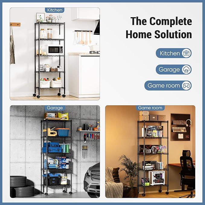 DUMOS 5 Tier Metal Shelving, Heavy Duty Shelves Wire Shelving Unit with Removable Wheel Casters, Shelves Organizer for Bathroom Garage Living Room Kitchen Pantry Laundry