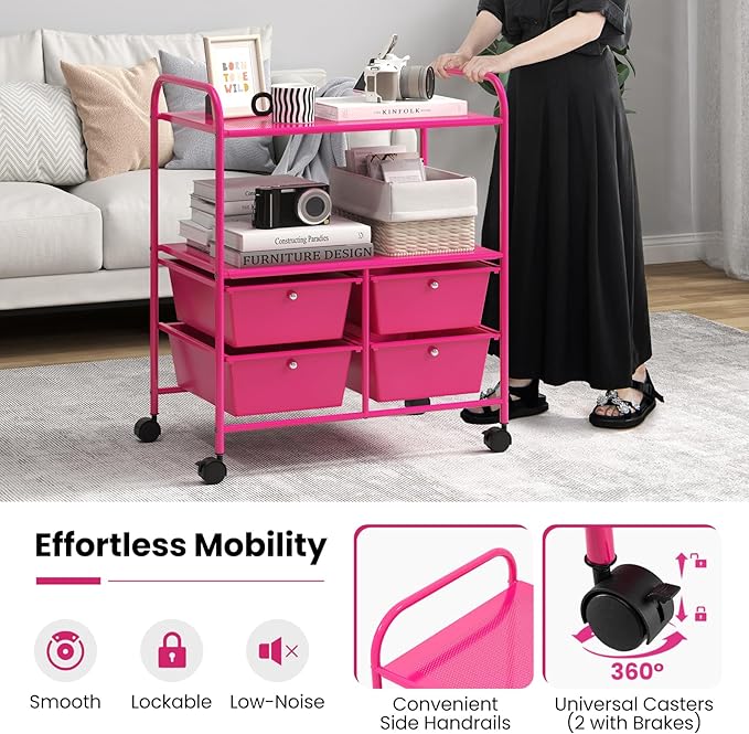 Giantex Rolling Storage Cart w/ 4 Drawers 2 Shelves Metal Rack Shelf Home Office School Beauty Salon Utility Organizer Cart with Wheels, Hot Pink