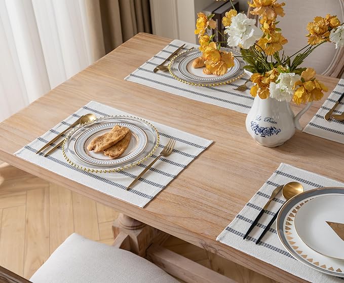 Caflife Boho Farmhouse Placemats Set of 6, Grey Stripes Cotton Linen Woven Table Mats for Modern Dining Table, 13x19 Inch Rustic Kitchen Decor Place Mats