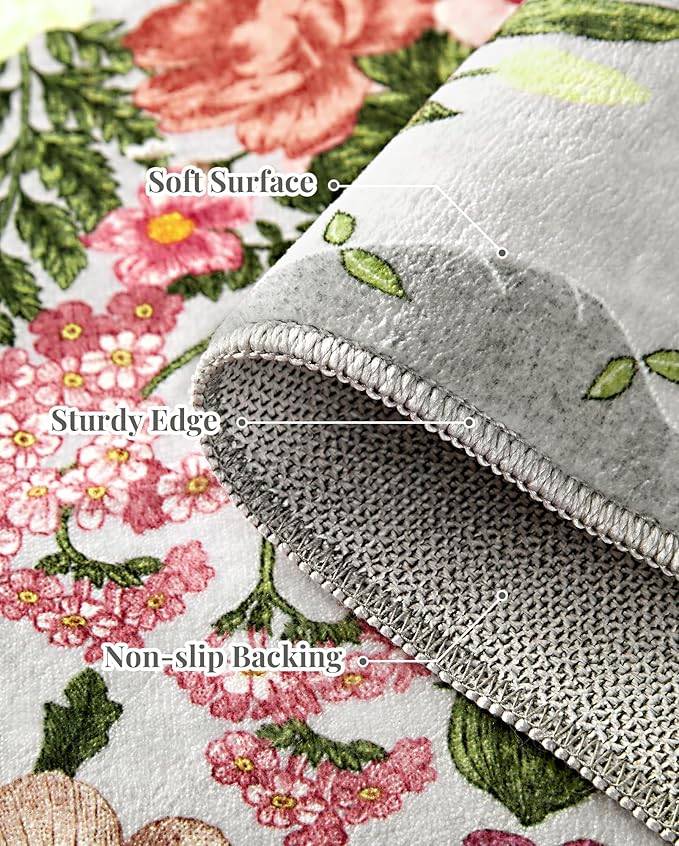 AREAMAY Floral Washable 5x7 Area Rugs - Living Room Rug Non Slip Low Pile Stain Resistant Carpets Indoor Vintage Flower Print Rug for Bedroom Dining Room Kitchen Home Office, Grey