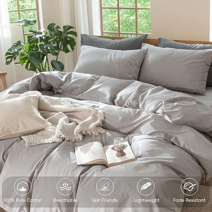 MooMee Bedding Duvet Cover Set 100% Washed Cotton Linen Like Textured Breathable Durable Soft Comfy (Solid Tan, King 104"x90")