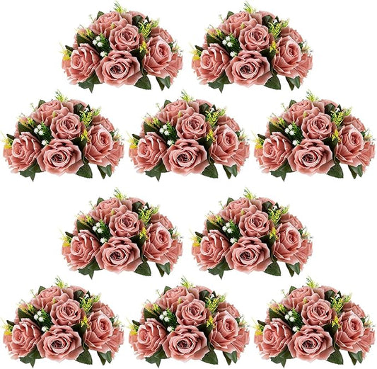 NUPTIO Artificial Flower Centrepieces for Tables - 10 Pcs Dusty Rose Fake Flowers Roses Balls 9.5in Diameter - Silk Faux Rose Arrangement for Wedding Party Centerpiece Table Decorations
