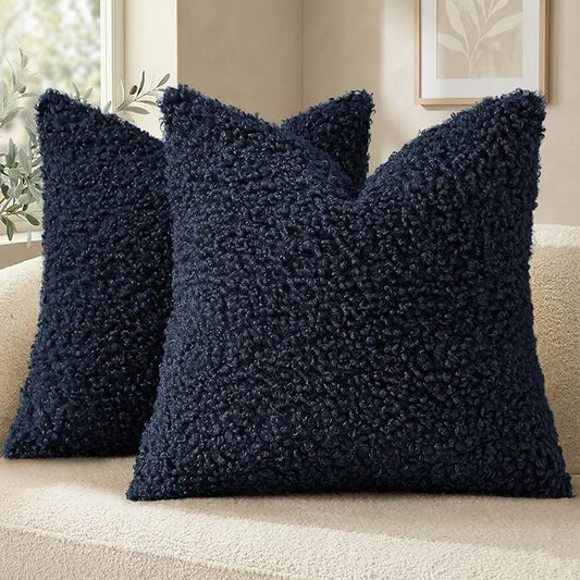 decorUhome Pack of 2 Throw Pillow Covers 22x22 Inch, Faux Fur Decorative Sherpa Pillow Covers Fuzzy Accent Soft Sheepskin Fleece Pillow Cases for Couch Living Room Bed, Navy Blue