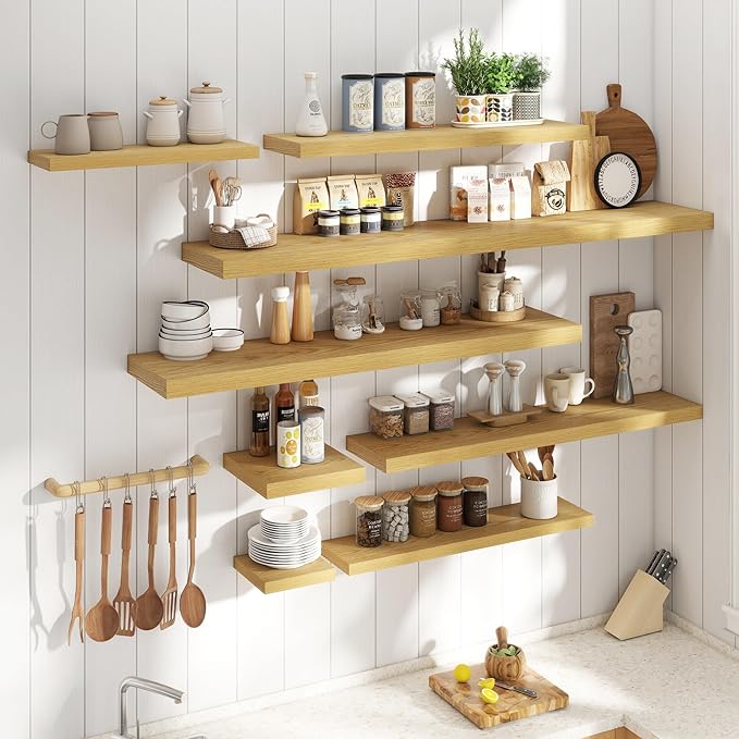 Floating Shelves for Wall with Invisible Brackets, Wall Mounted Engineered Wood Shelves with Wood Grain for Living Room, Bedroom, Bathroom, Kitchen Decor and Storage, Oak, 48"L Set of 2, Oak