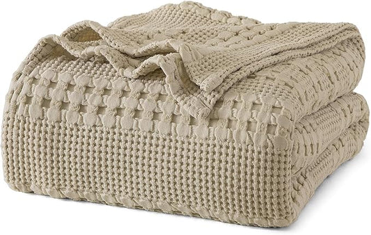 PHF 100% Cotton Waffle Weave Blanket King Size for Bed, Soft Lightweight & Breathable, All-Season Comfort, 300 GSM Luxury Aesthetic Blanket for Home Decor, 108"x90", Khaki