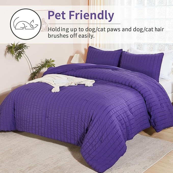 AveLom Dark Purple Seersucker Full Comforter Set (80x90 inches), 3 Pieces-Soft Washed Microfiber Lightweight Comforter with 2 Pillowcases, All Season Down Alternative Comforter Set for Bedding