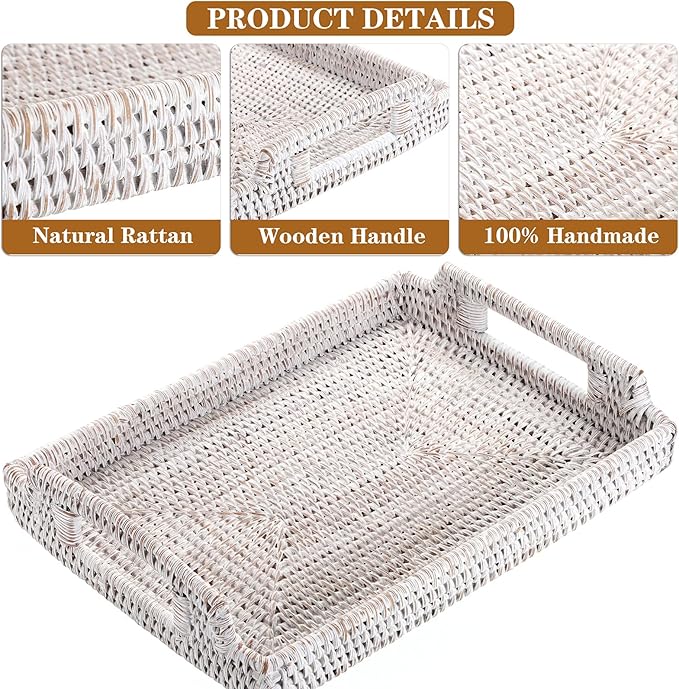 Hipiwe Rattan Serving Tray with Wooden Handles - Hand Woven Decorative Tray for for Coffee Table, Rectangular Basket Ottoman Trays Wicker Fruit Bread Serving Basket, Whitewash