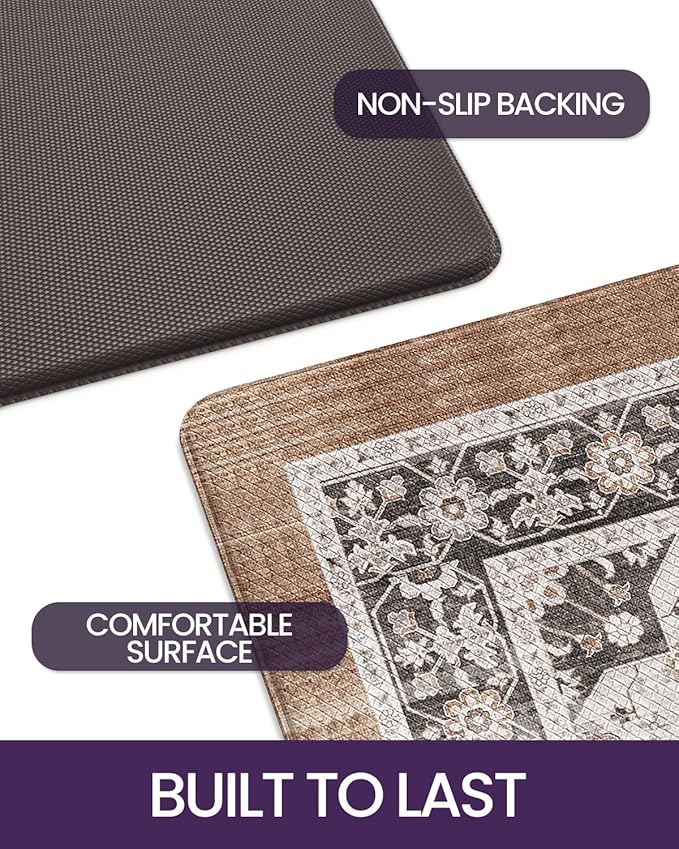DEXI Kitchen Floor Mats Cushioned Anti Fatigue, 23x59 Long Wide Standing Comfort Runner Rug, Waterproof Retro Floral Memory Foam Padded for Front Sink Laundry, Brown/White