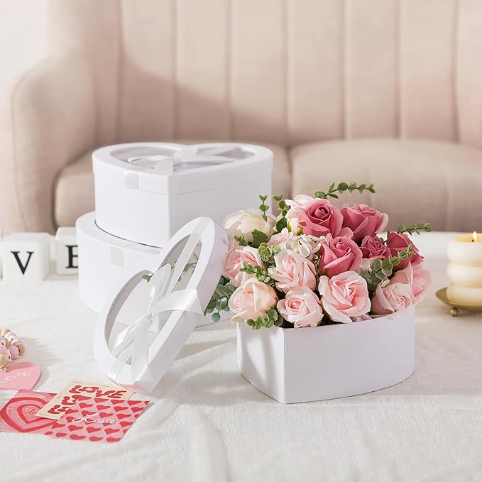 Soul & Lane White Heart Shaped Gift Boxes with Clear Lids and Decorative Bows: Set of 3 Cardboard Heart Boxes for Flowers, Chocolates, Large Box for Flower Arrangements and Valentine’s Day Presents