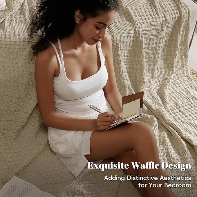 PHF 100% Cotton Waffle Weave Blanket Queen Size for Bed, Soft Lightweight & Breathable, All-Season Comfort, 300 GSM Luxury Aesthetic Blanket for Home Decor, 90"x90", Khaki