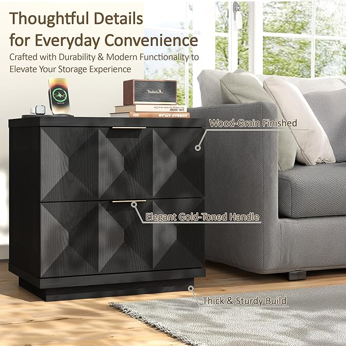 Yechen 23.6" Black Nightstand with 20W Faster Charging Station, Modern Bedside Table with 3D Geometric Drawers Front Panel, Wood 2 Drawer Night Stand with Storage, Accent End Table for Bedroom