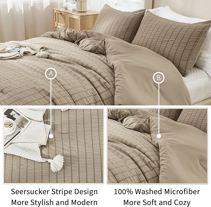 AveLom Taupe Seersucker Queen Comforter Set (90x90 inches), 3 Pieces-100% Soft Washed Microfiber Lightweight Comforter with 2 Pillowcases, All Season Down Alternative Comforter Set for Bedding