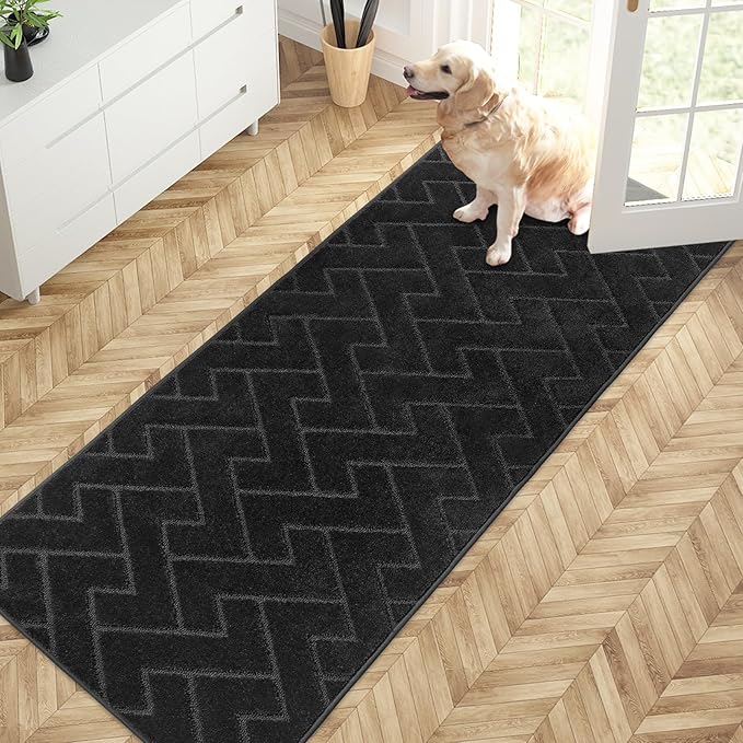 PURRUGS Dirt Trapping Door Mat 32" x 70", Non-Slip Machine Washable Entry Rug, Dog Doormat, Indoor Front Door Mat, Super Absorbent Entryway Rug for Muddy Shoes & Paws, Black