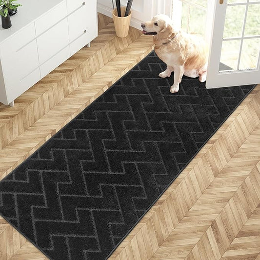 PURRUGS Dirt Trapping Door Mat 32" x 70", Non-Slip Machine Washable Entry Rug, Dog Doormat, Indoor Front Door Mat, Super Absorbent Entryway Rug for Muddy Shoes & Paws, Black