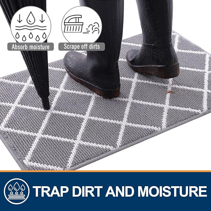 Finchitty Indoor Door Mat, Dirt Resistant and Absorbent, Low-Profile, Non-Slip, Washable Inside Floor Mats for Front Door, Back, and Entrance, 48" x 32", Grey