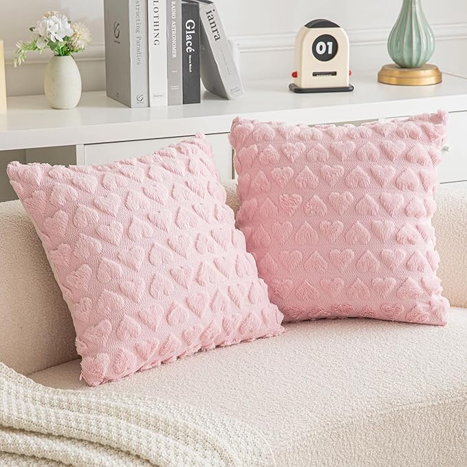 AQOTHES Set of 2 Heart Love Cute Pink Decorative Valentines Throw Pillow Covers 20x20, Soft Plush Faux Fur Pillow Covers for Couch Sofa Home Valentines Day Decoration