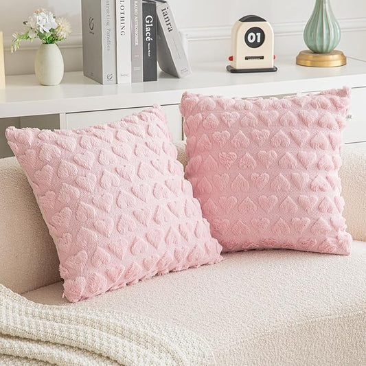 AQOTHES Set of 2 Heart Love Cute Pink Decorative Valentines Throw Pillow Covers 20x20, Soft Plush Faux Fur Pillow Covers for Couch Sofa Home Valentines Day Decoration