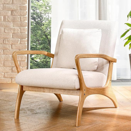 ELUCHANG Accent Chair with Lumbar Pillow,Mid-Century Modern Accent Chair Armchair, Linen Fabric Comfy Reading Chair Lounge Side Chair for Living Room Bedroom Apartment,Easy Assembly(Beige2)