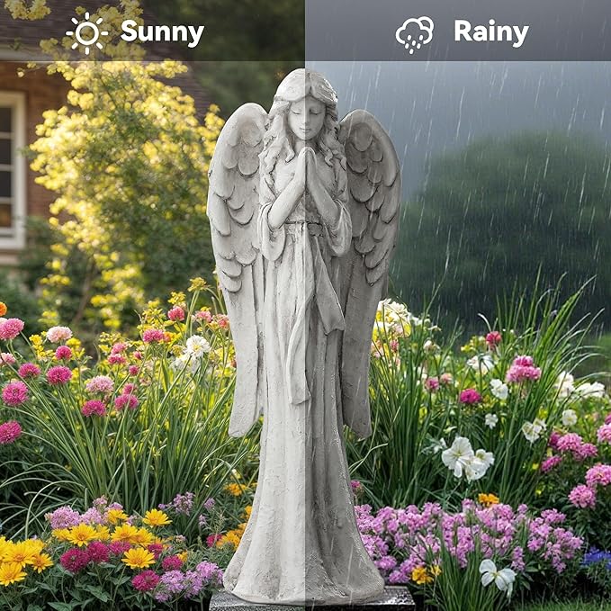 Praying Angel Statue for Outdoor Garden, 26.4 Inch Large Heavenly Memorial Sculpture,Durable MGO Stone Standing Angels for Yard, Patio or Cemetery Decor,Offering Comfort & Peace, Antique White