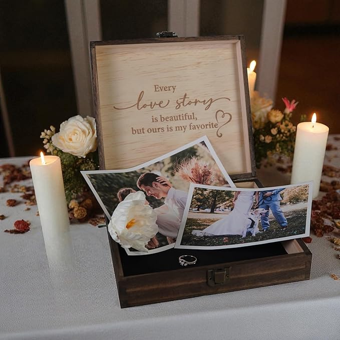 Mr and Mrs Wedding Memory Box- Wooden Keepsake Box with Lid for Couples, Rustic Storage Box for Cards, Photos & Mementos, Valentine’s Day, Wedding Anniversary & Engagement Gift- 8.5 x 8 x 2.4 Inches