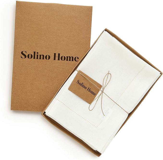 Solino Home Ivory Linen Napkins Set of 6-100% Pure Linen Hemstitch Dinner Napkins 20 x 20 Inch for Spring, Easter - Classic Hemstitch