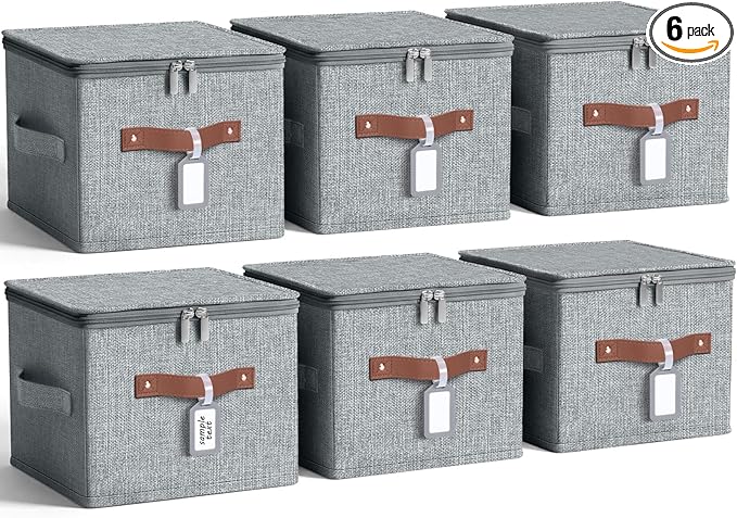 6 Pack Fabric Storage Bins with Lids and Label, 15x10x10Inch Large Size Foldable Cotton Linen Storage Boxes with PU Leather Handles Holders for Closet, Bedroom, Shelf, Nursery, Gray