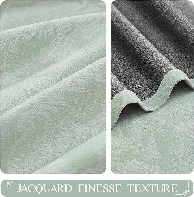 Beauoop Green Floral Jacquard Blackout Curtains 84 Inches Long 2 Panels for Bedroom Living Room Chenille Flower Room Darkening Thermal Insulated Soundproof Rod Pocket Back Tab Window Drapes 52x84