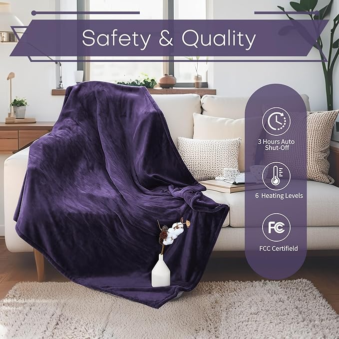 Electric Heated Blanket Throw Size 50"x60" - Flannel & Sherpa Fabric Dual-Sided, 6 Heat Settings & 1-3 Hours Auto Off, Soft & Cozy Warming Throw for Home, Office, or Bed, Machine Washable, Purple